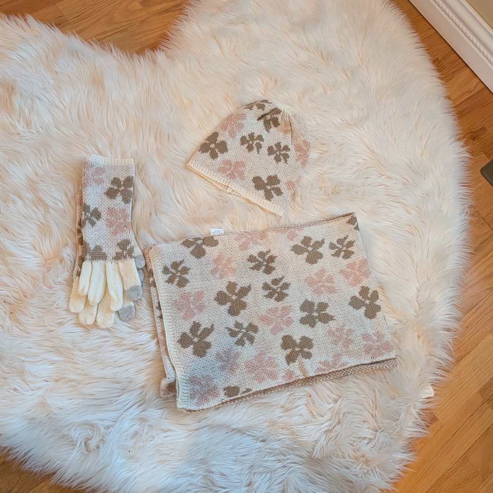 NEW Floral Knit Scarf, Hat, and Gloves Set cold -weather accessories